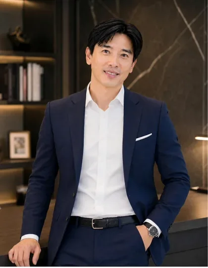Dato' Seri Ivan Teh, founder of Fusionex, in a navy suit and white shirt in a dark marble office